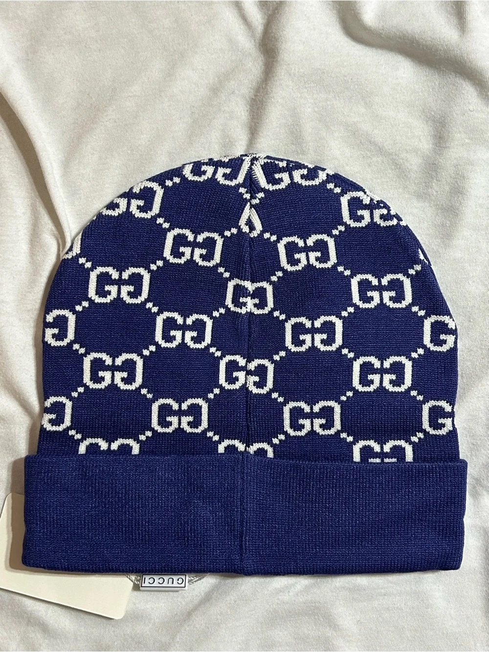 Gucci Navy, White, Red & Green Logo Knit Beanie
